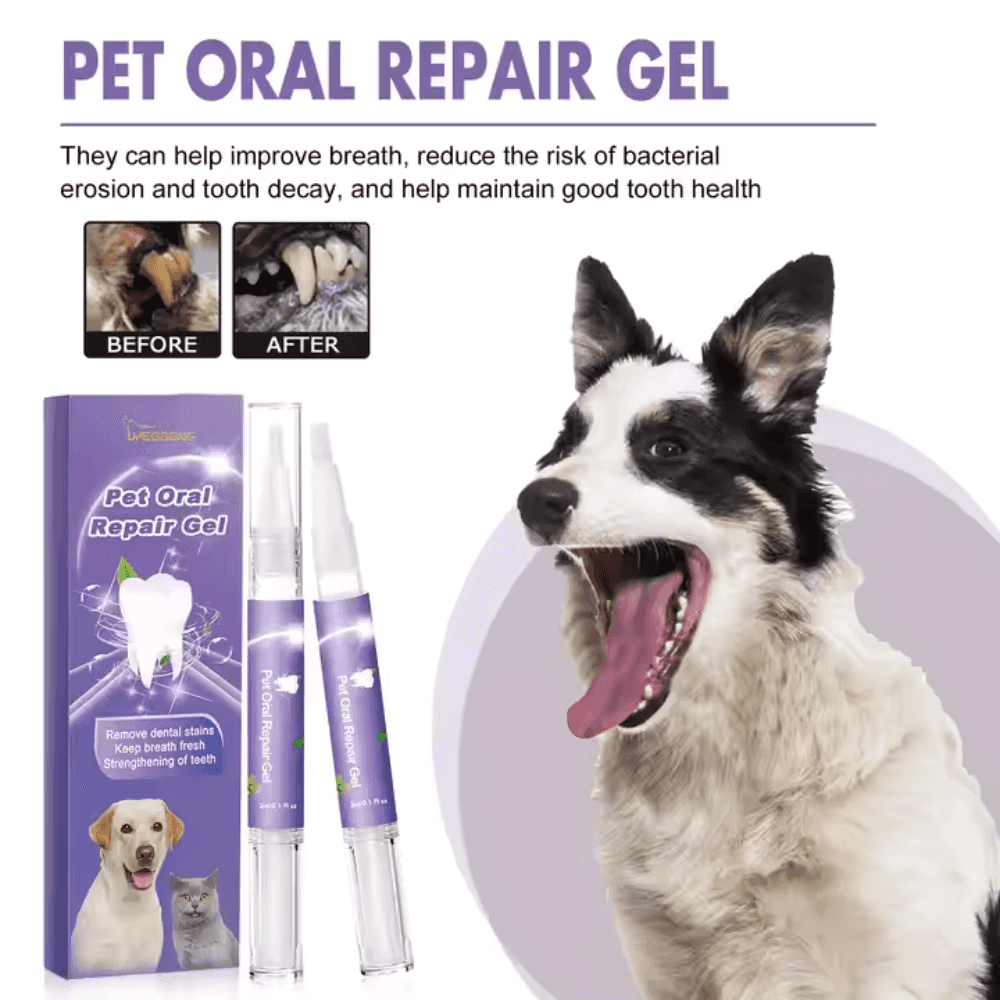 Dog Teeth Whitening Gel shown with before and after results on dog teeth, promoting cleaner breath and dental health.