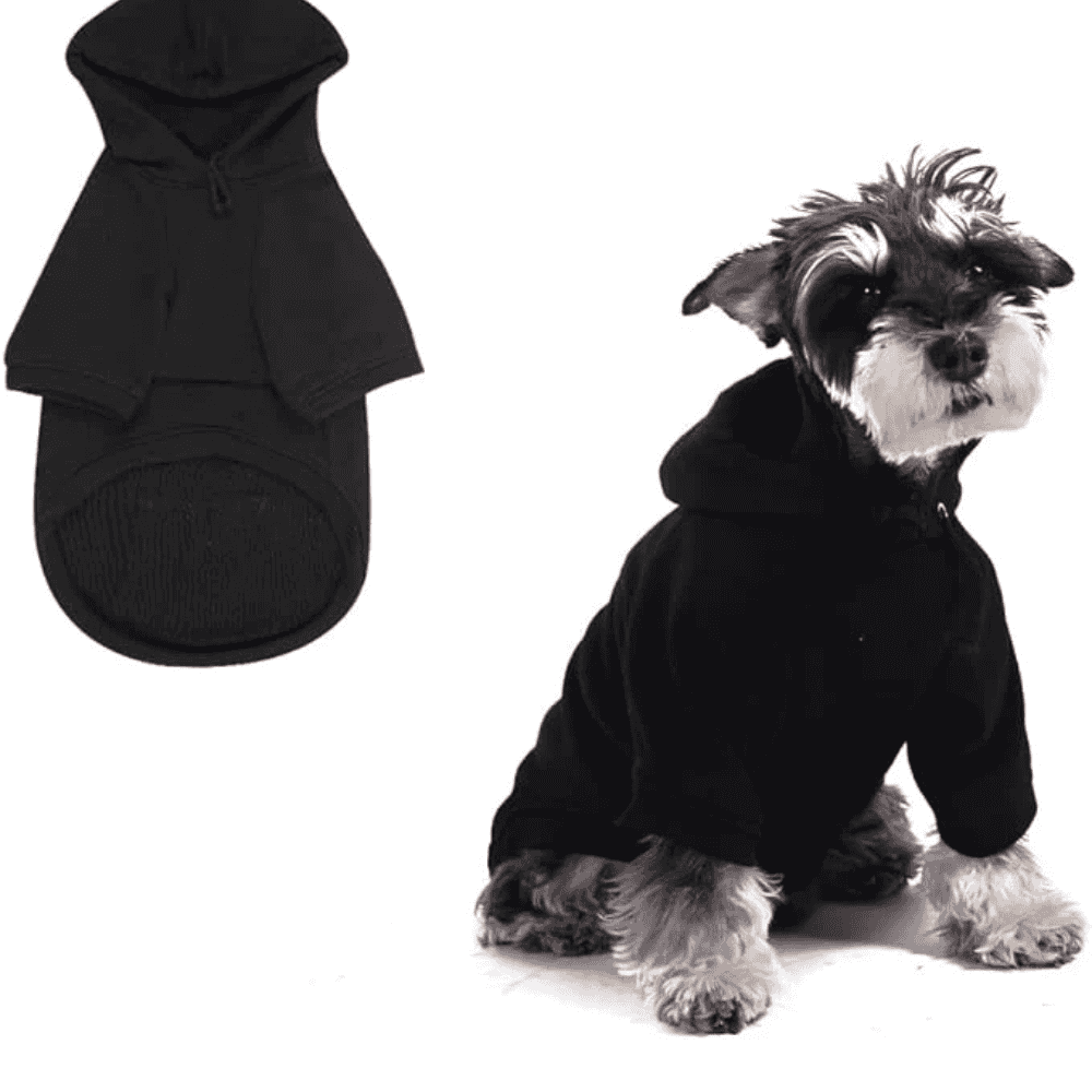 Black dog hoodie with leash hole modeled by a Schnauzer, featuring a soft, stretchy fit and cozy fleece fabric for pet apparel comfort.