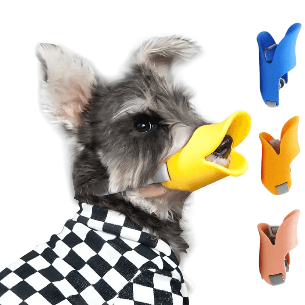 Dogs Anti Bite Stop soft silicone duck-bill muzzle in yellow, worn by a Schnauzer. Available in multiple colors for pet safety and comfort.