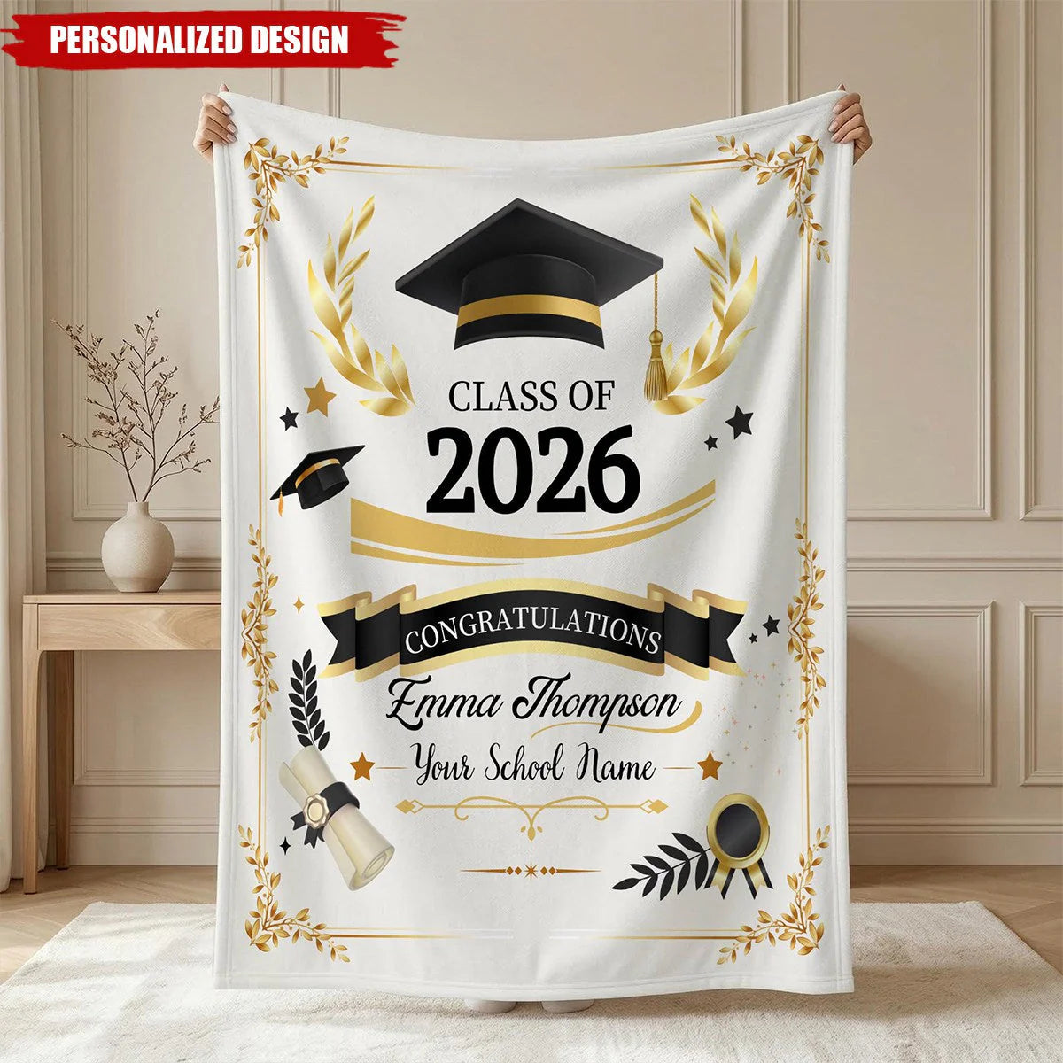 Personalized Graduation Blanket Class of 2026, Custom Senior Graduation Fleece Blanket with Name & School, Graduation Gift for High School College Graduate