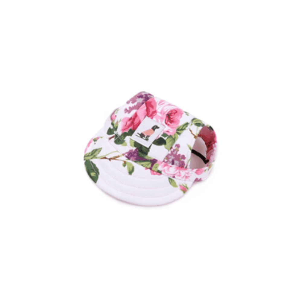 Floral Dog Sun cap with pink rose pattern, designed for stylish sun protection in pet apparel for dogs.