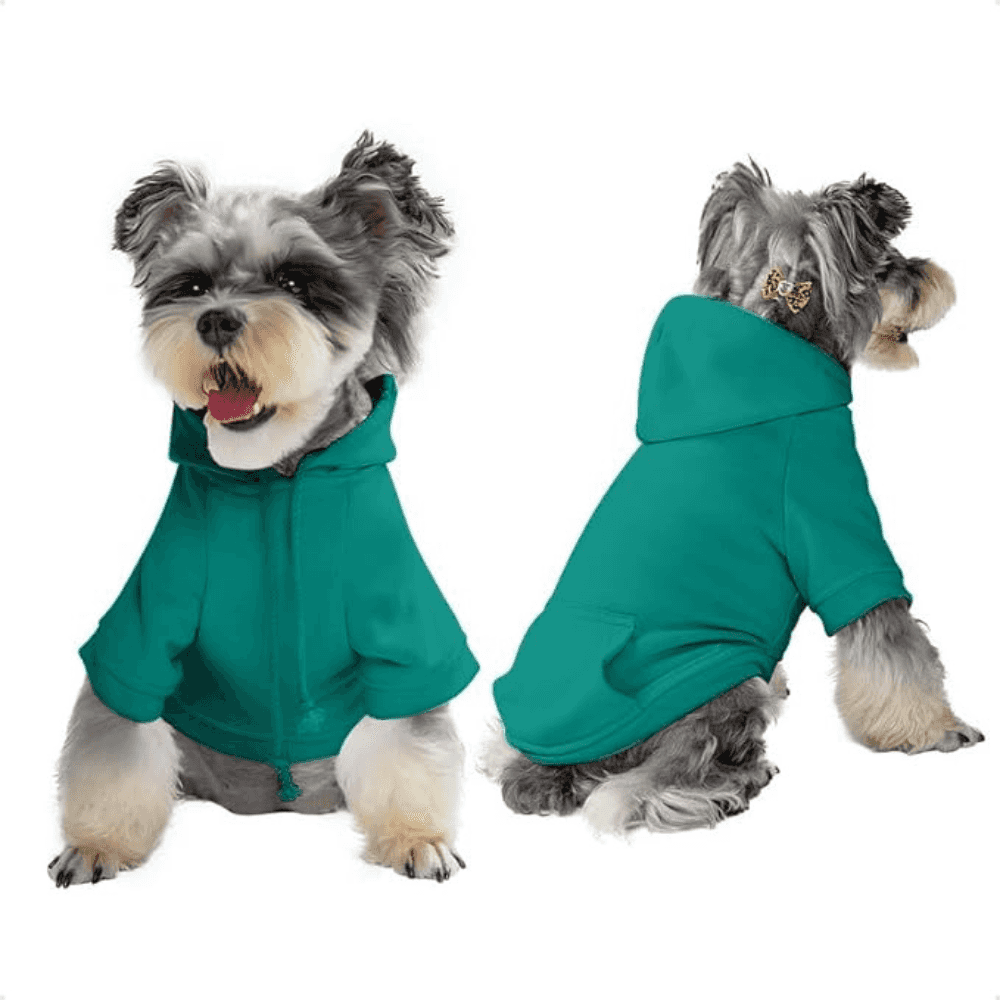 Teal dog hoodie with leash hole displayed on a small dog from front and back, designed for durability and easy leash access.