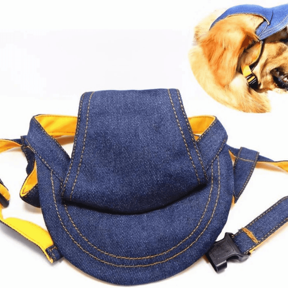 Close-up of Denim Dog Cap - Durable Dog Hat for All Seasons with yellow lining and ear-friendly design, worn by a golden retriever.