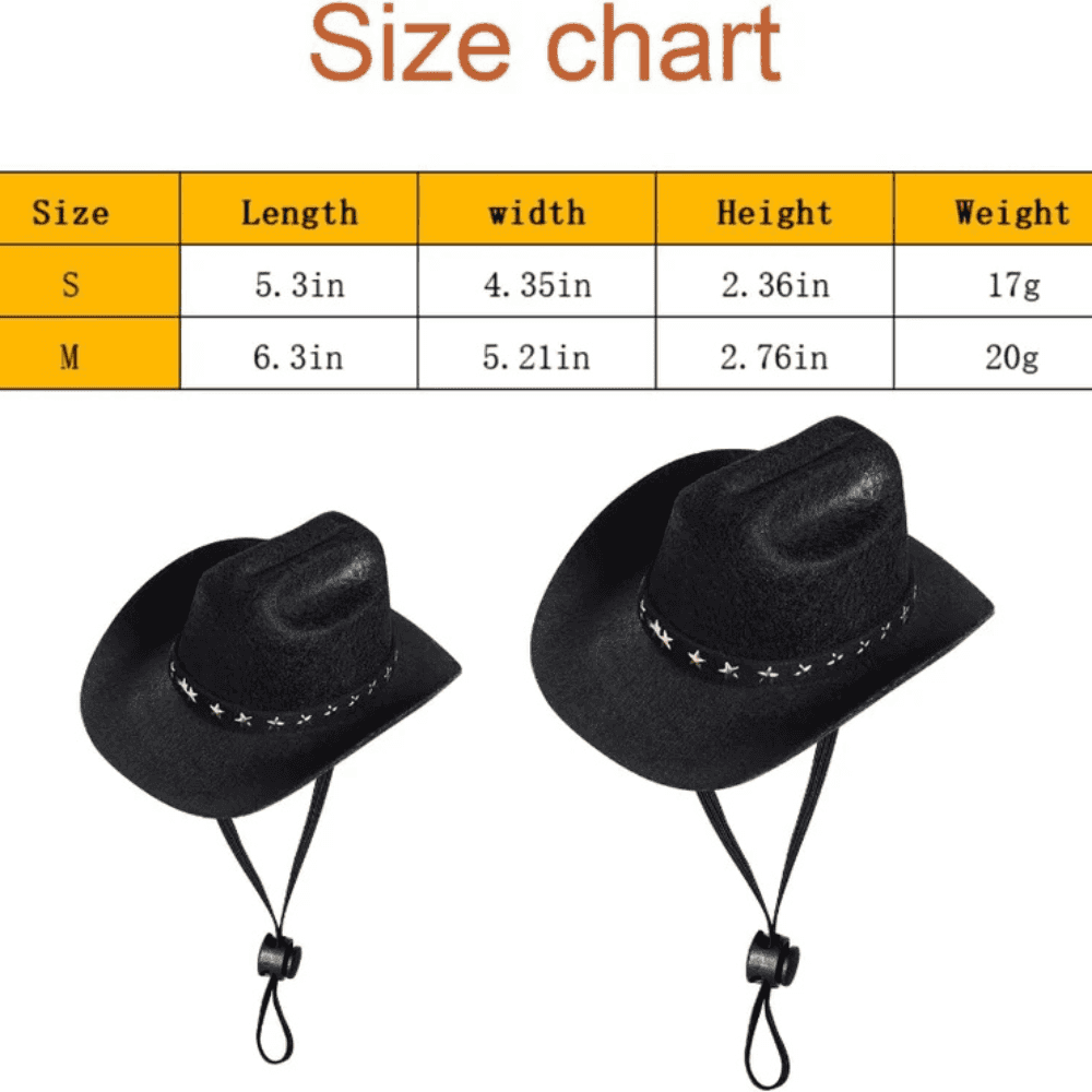 Cowboy Hat & Bandana - Pet Cowboy Costume Set size chart showing dimensions and weight for small and medium hats in black.
