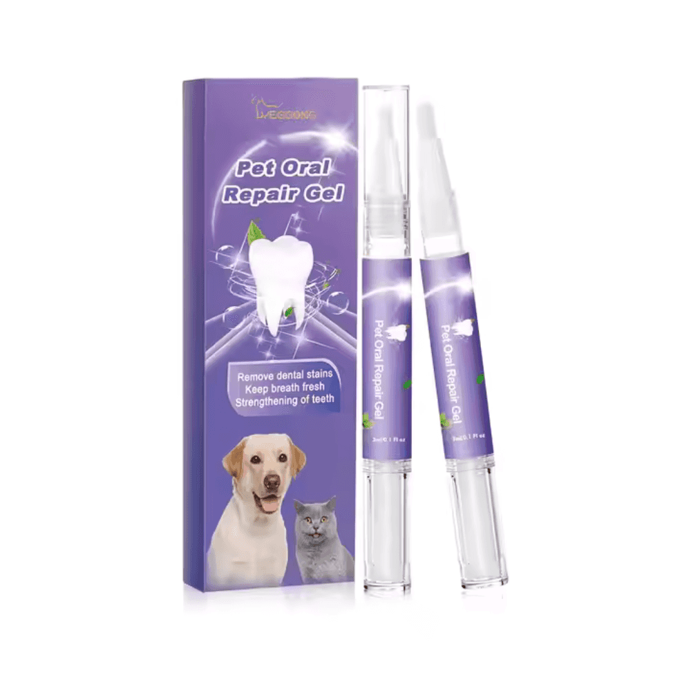 Dog Teeth Whitening Gel with box and applicator pens for tartar removal and plaque control in pet oral care.