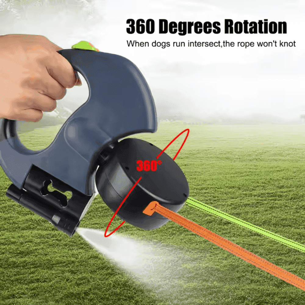 Dual Dog Leash with LED Light - Tangle-Free Swivel shown with 360-degree rotating mechanism to prevent leash tangling.