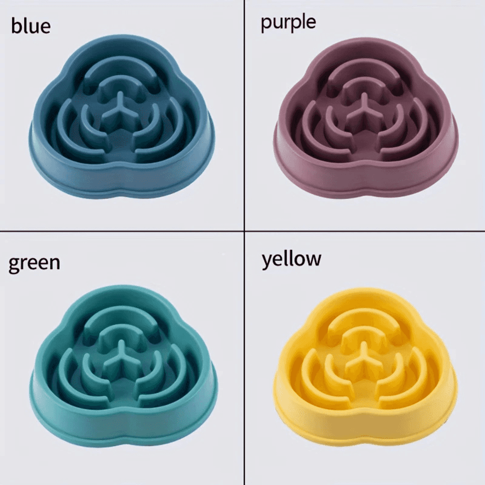 Color options for non-slip slow feeder dog bowl in blue, purple, green, and yellow, designed to promote healthy eating habits.