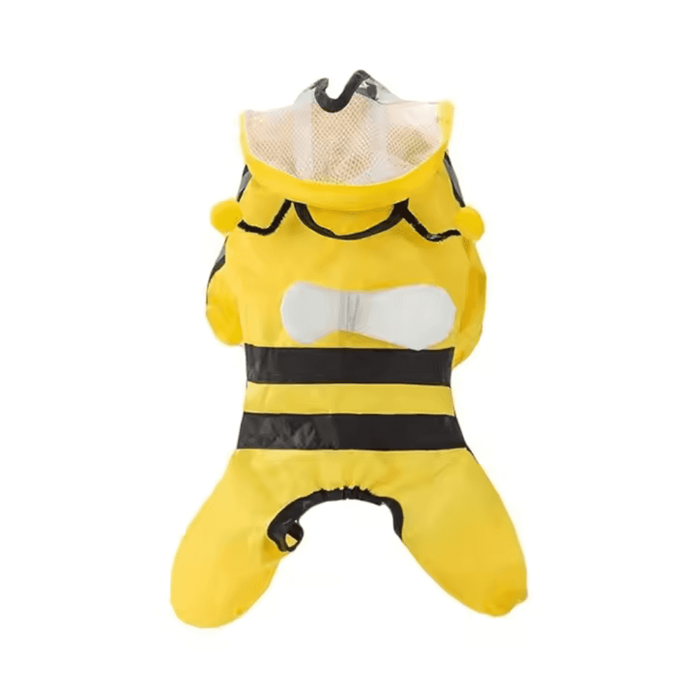 Back view of Dog Raincoat Waterproof Reflective in yellow bee style with mesh wings and black stripes, full-body pet apparel.