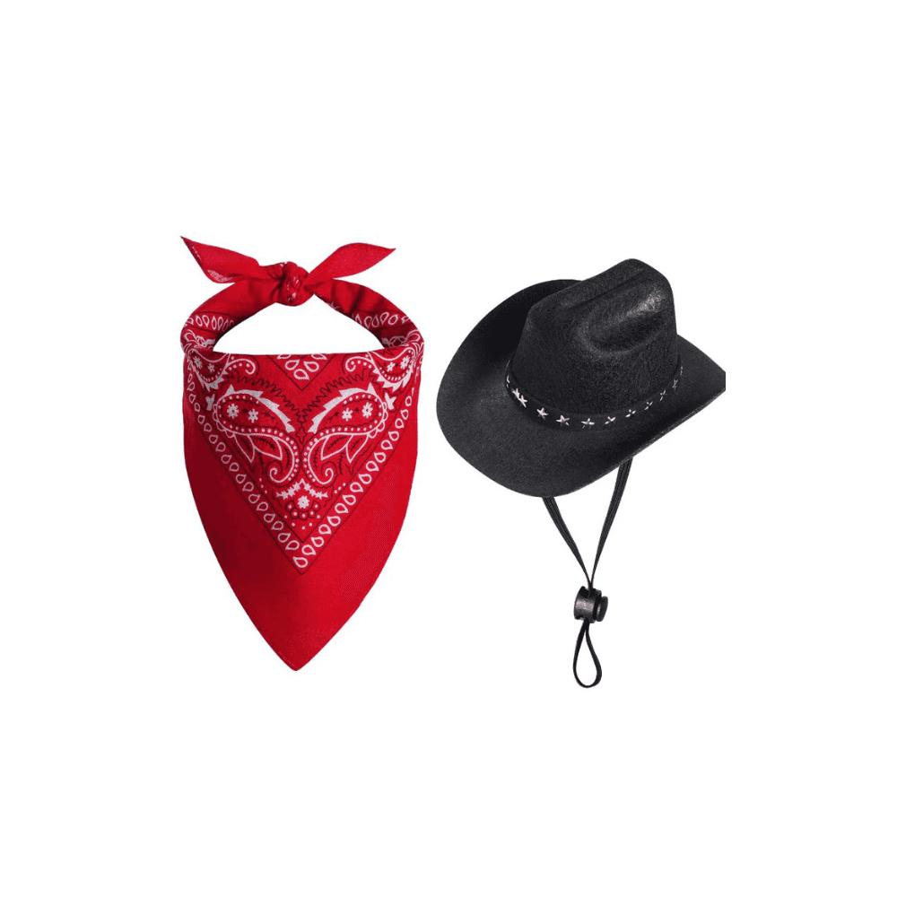 Cowboy Hat & Bandana - Pet Cowboy Costume Set featuring a black cowboy hat with star trim and red paisley bandana for pets.