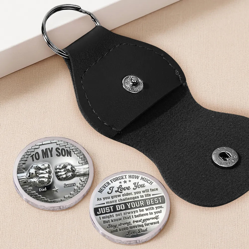 Für meinen Sohn Hosentaschen-Glücksbringer – Personalisiertes Geschenk von Papa, gravierte Nachricht Münze, Leder Schlüsselanhänger, bedeutungsvolles Geschenk für den Sohn