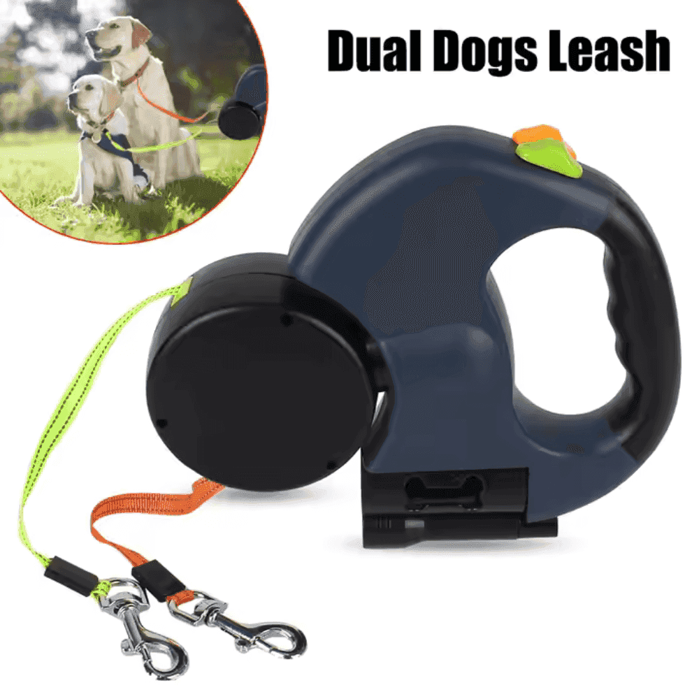 Dual Dog Leash with LED Light - Tangle-Free Swivel design shown with two dogs walking outdoors using the double pet leash system.