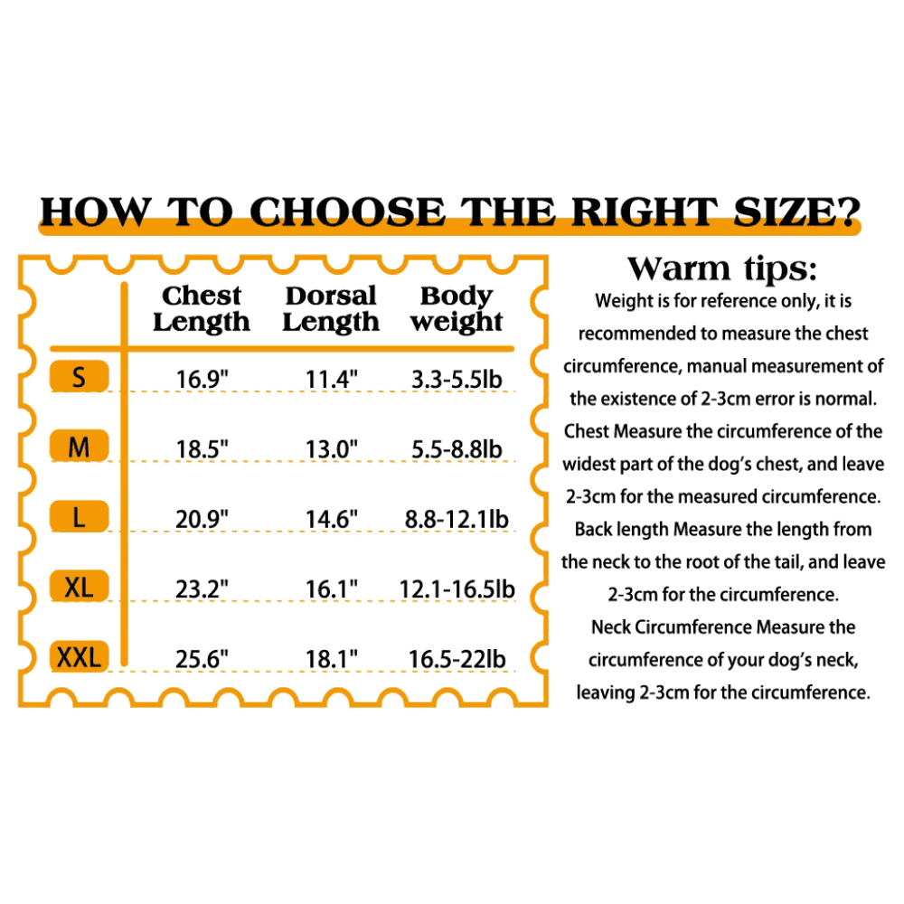 Dog Raincoat Waterproof Reflective sizing chart showing chest, dorsal length, and weight guide for sizes S to XXL.