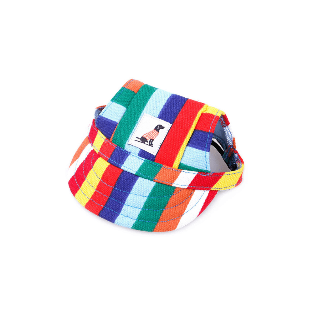Colorful striped Dog Sun cap with multicolor pattern, vibrant pet apparel accessory for outdoor dog wear.