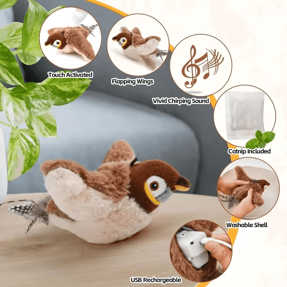 Flappy Bird Cat Toy - Realistic Flapping Wings & Chirping Sounds - USB Rechargeable Interactive Chase Toy with Catnip for Indoor Cats