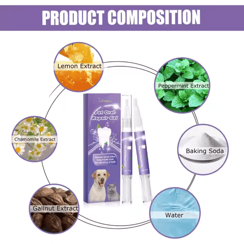 Dog Teeth Whitening Gel ingredients include lemon, peppermint, chamomile, baking soda, walnut extract, and water for safe pet oral care.