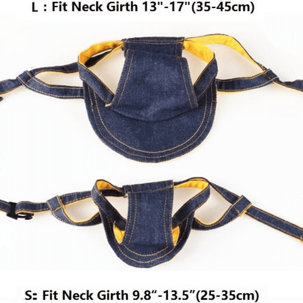 Size comparison of Denim Dog Cap - Durable Dog Hat for All Seasons with neck girth measurements for small and large dogs.