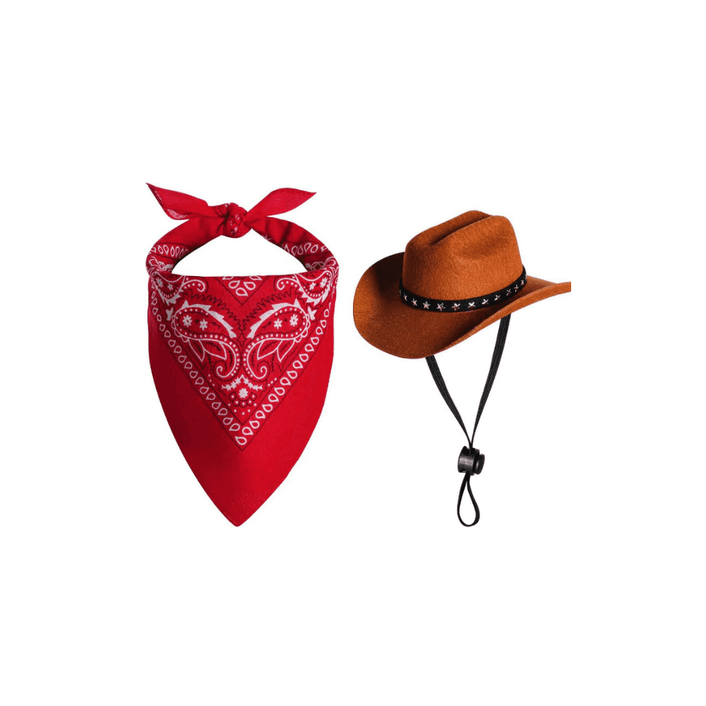 Cowboy Hat & Bandana - Pet Cowboy Costume Set with brown cowboy hat and red paisley bandana, ideal for pet dress-up and events.