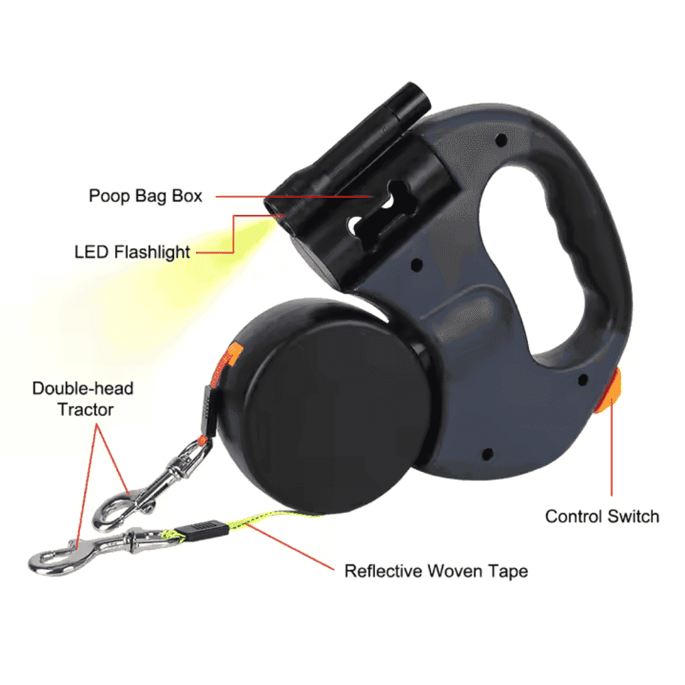 Dual Dog Leash with LED Light - Tangle-Free Swivel includes reflective tape, flashlight, poop bag box, and dual-head leash.
