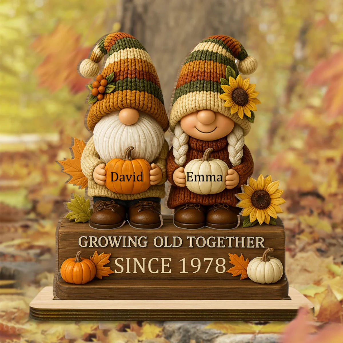 Personalized Growing Old Together Couple Plaque with Names & Year, Custom Autumn Wooden Keepsake, Anniversary Gift for Grandparents Husband Wife
