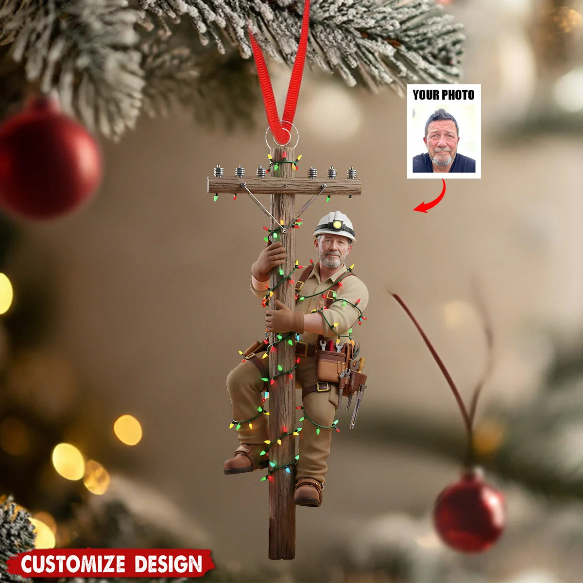 Personalized Lineman 3D Effect Photo Christmas Ornament, Custom Electrician Utility Worker Acrylic Ornament, Power Lineman Gift for Husband Dad Coworker