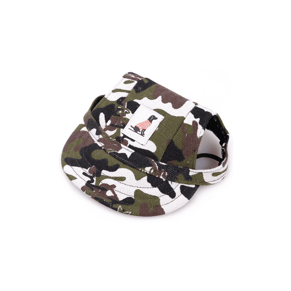 Camouflage Dog Sun cap in green and brown tones, rugged pet apparel for dogs with sun protection needs.