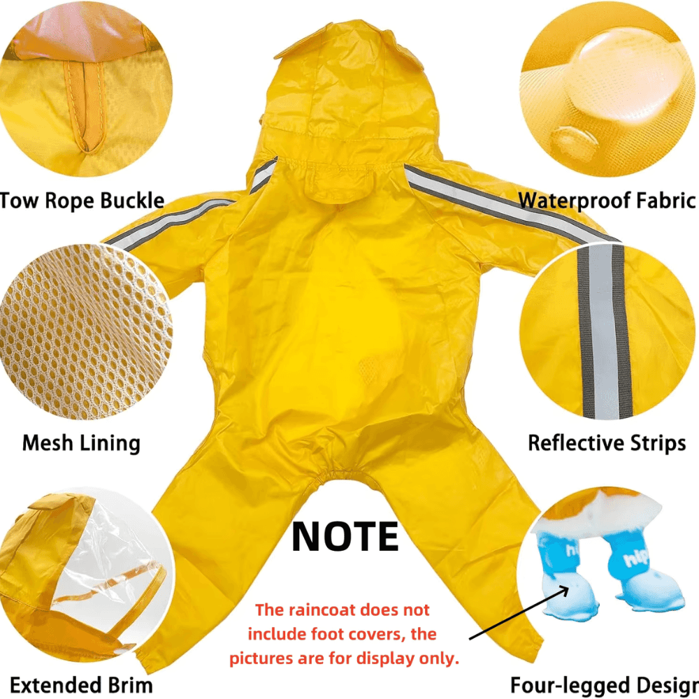 Features of Dog Raincoat Waterproof Reflective including waterproof fabric, reflective strips, mesh lining, and four-legged design.