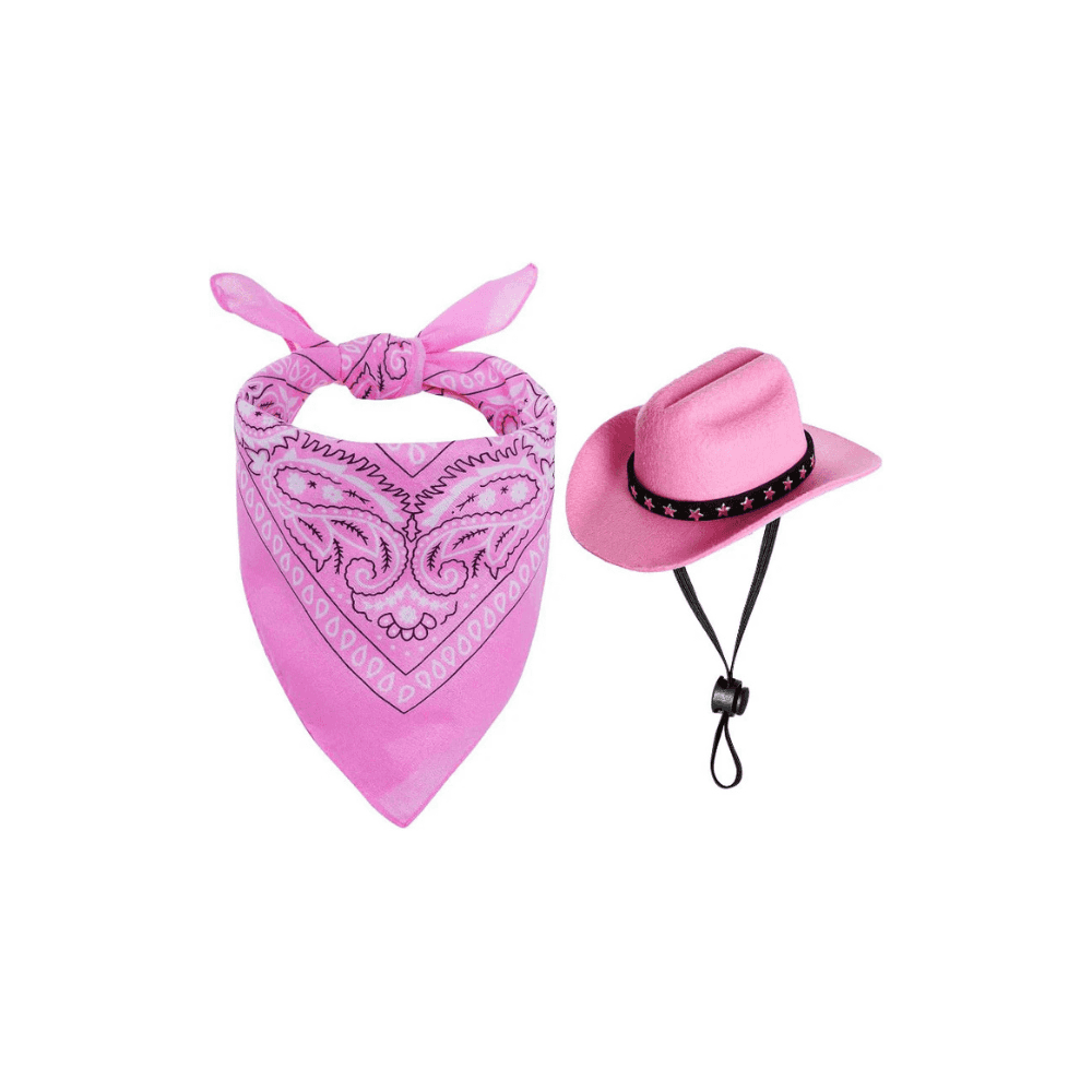 Cowboy Hat & Bandana - Pet Cowboy Costume Set in pink, including a pink cowboy hat and matching paisley bandana for stylish pets.