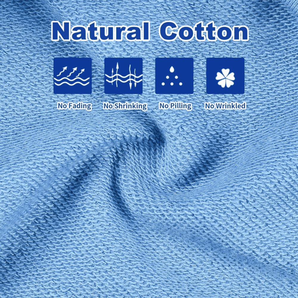 Close-up of blue natural cotton fabric highlighting no fading, shrinking, pilling, or wrinkling, ideal for durable dog hoodies.