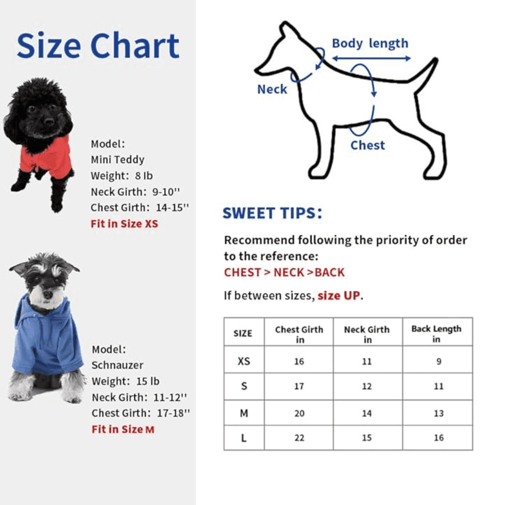 Dog hoodie size chart with measurements and fit tips for XS to L sizes, featuring breed examples and fitting guidance for pet apparel.