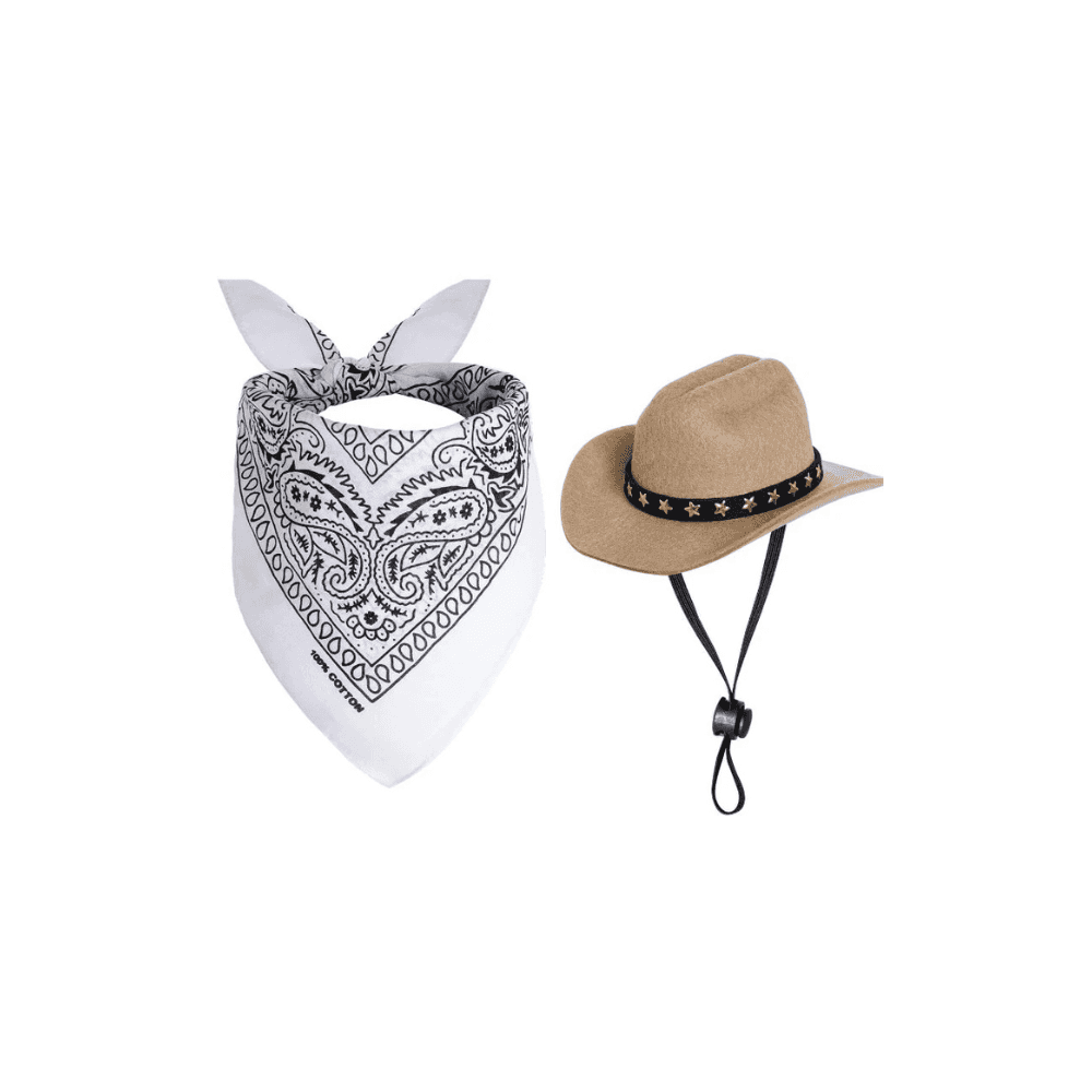 Cowboy Hat & Bandana - Pet Cowboy Costume Set in beige and white, with a beige cowboy hat and white paisley bandana for pets.