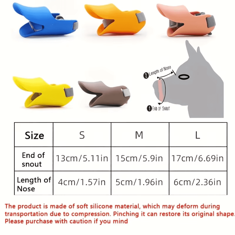 Dogs Anti Bite Stop size chart and color options. Soft silicone muzzles in S, M, L sizes for different snout lengths and widths.