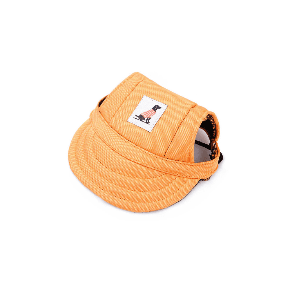 Orange Dog Sun cap with structured brim and ear holes, lightweight pet apparel for sunny outdoor activities.