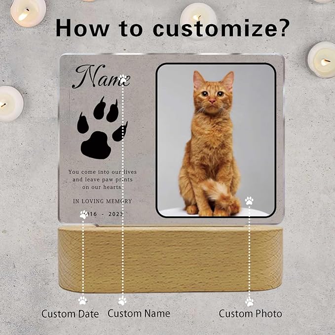 Personalisiertes Haustier Nachtlicht, personalisiertes Hunde-Gedenkgeschenk, Bilderrahmen, Acrylplatte, LED-Lampe, Katzen-Beileidsgeschenk für den Verlust eines Haustieres