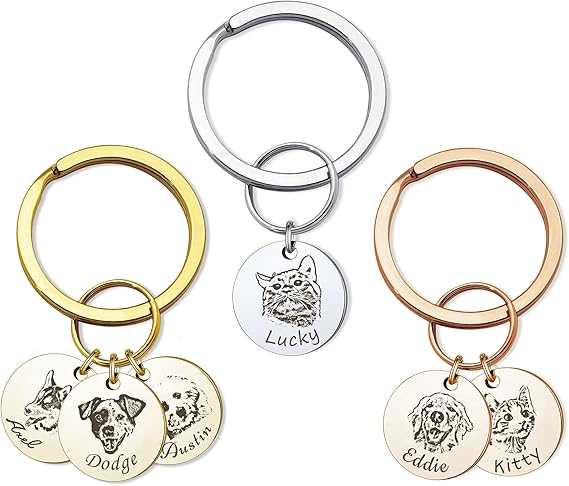 Personalized Pet Portrait Keychain, Customized Pet Photo Handmade Engraved Cat Dog Memorial Keepsake Sympathy Gifts