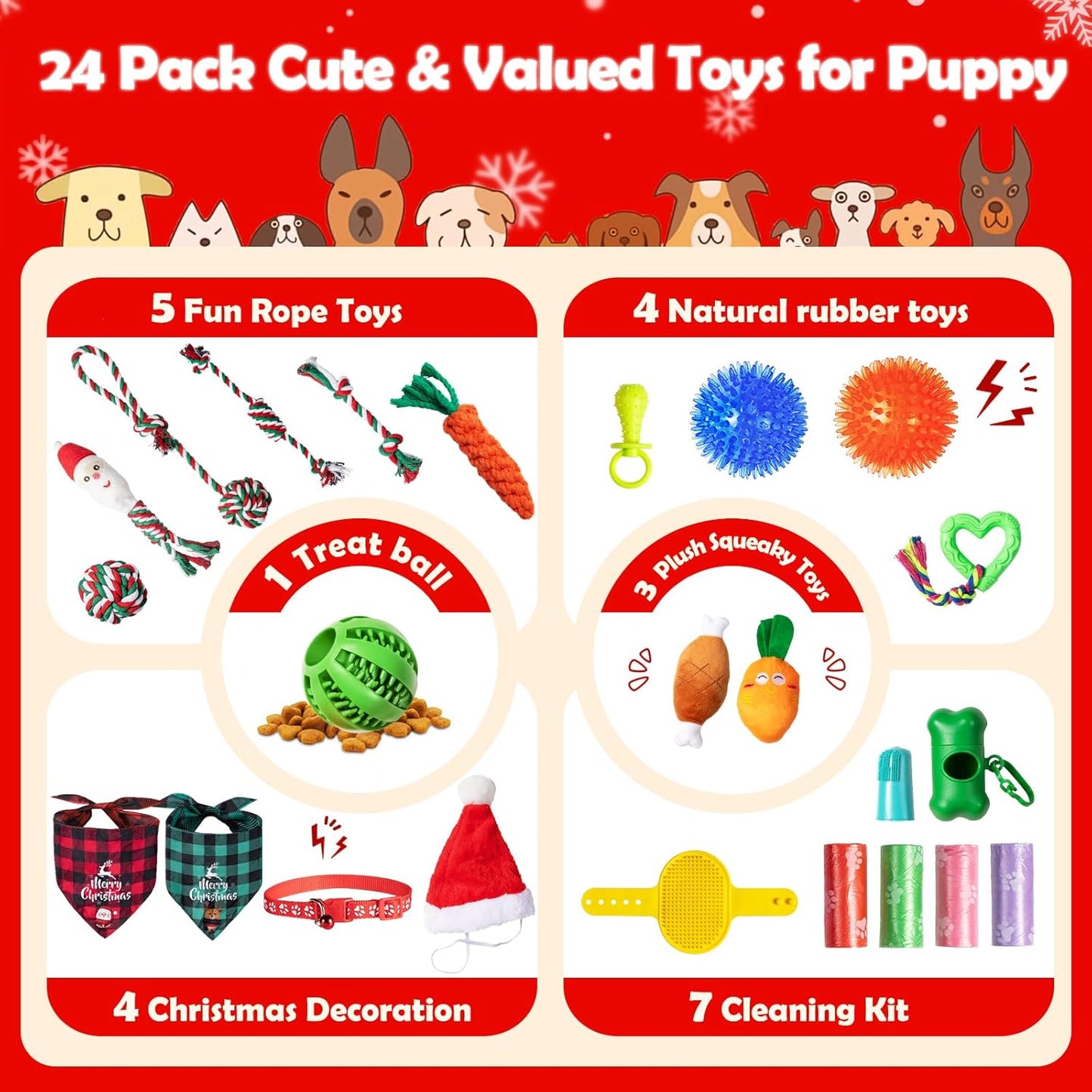 Advent Calendar 2025, Dog Advent Calendar 2025, 24 Days Dog Toy Christmas Countdown Calendar with Chew Ropes Toys Squeaky Balls Teething Toys Christmas Toy Gift for Xmas Small Large Dog Puppy Pet