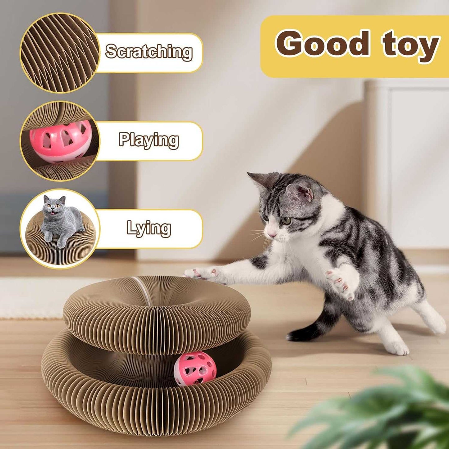 2PACK Kitty Kurlz Cat Toy, Magic Organ Cat Scratching Board with a Ball, Snufflepaw Accordion for Cats, Interactive Recyclable Scratching Pads for Indoor Cats