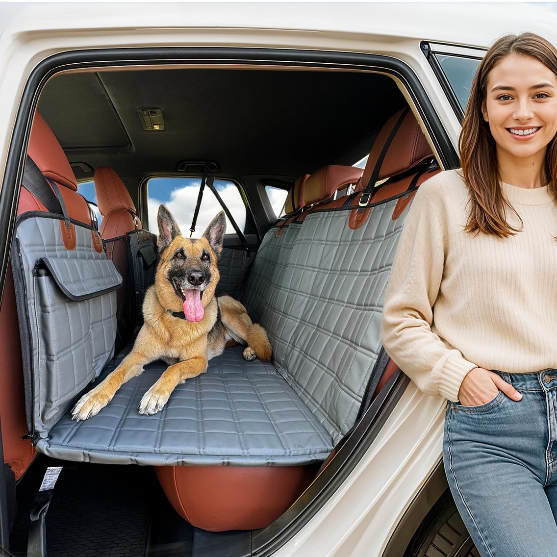 APetsPlanet Dog Car Seat Cover for Back Seat Hard Bottom - Waterproof Backseat Extender for Dogs - Pet Hammock for Car, Truck, SUV - Protector Bed with Mesh Window & Storage - Black, with Door Covers