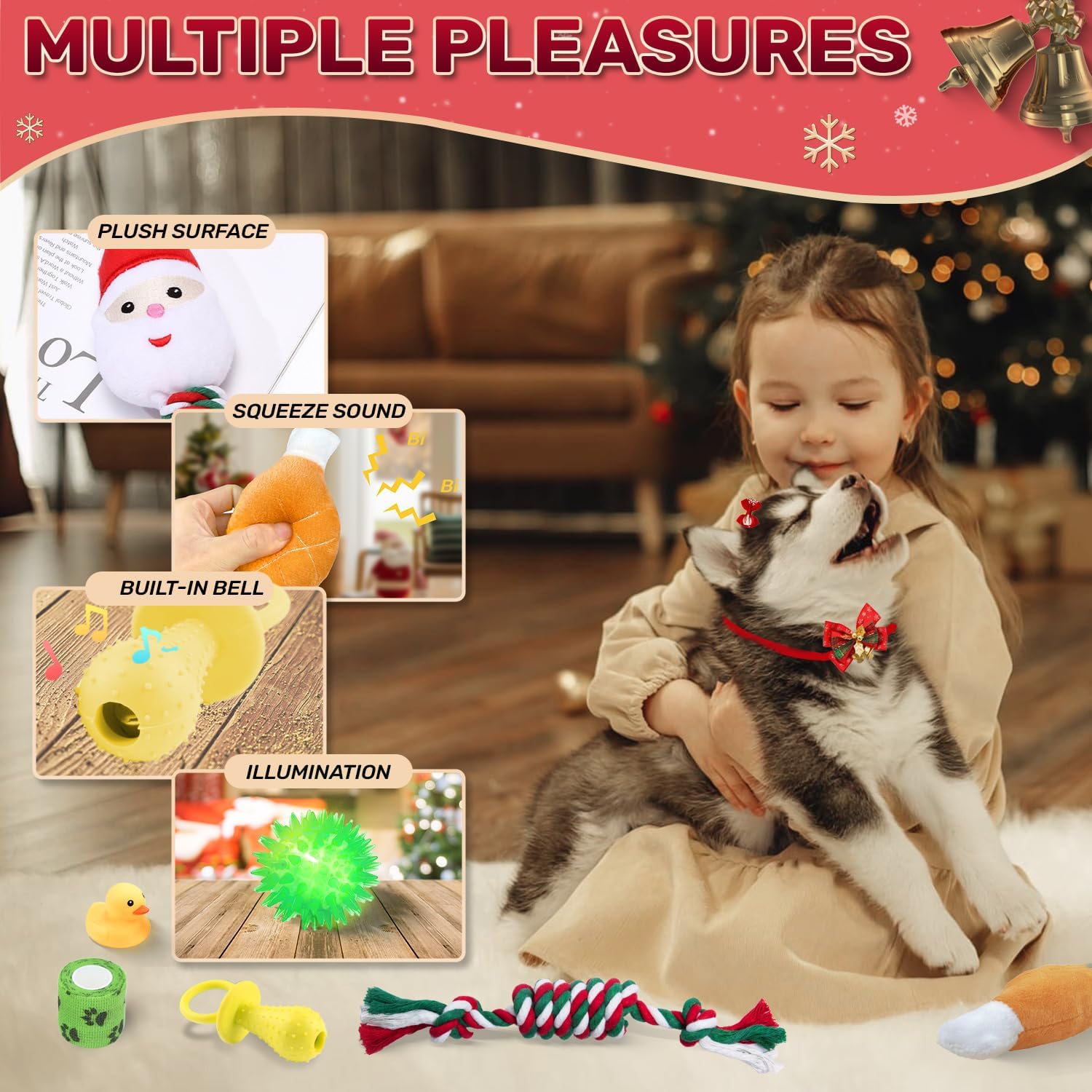 Dog Advent Calendar 2025, Christmas Dog Toys Chew Ropes Squeaky Balls Teething Toys Bow Tie Collars Bandana, 24 Set Christmas Countdown Calendar Gift for Dog Puppy