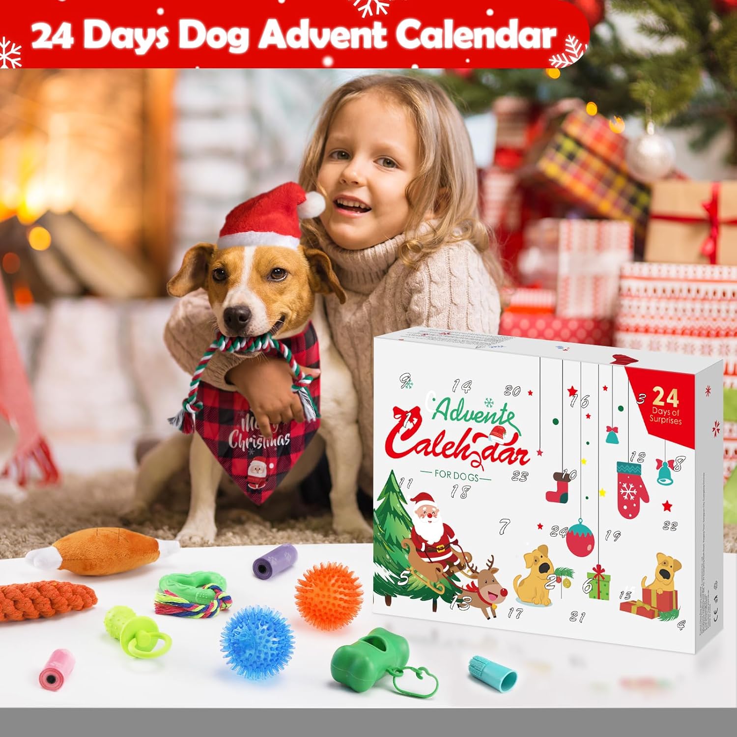Advent Calendar 2025, Dog Advent Calendar 2025, 24 Days Dog Toy Christmas Countdown Calendar with Chew Ropes Toys Squeaky Balls Teething Toys Christmas Toy Gift for Xmas Small Large Dog Puppy Pet
