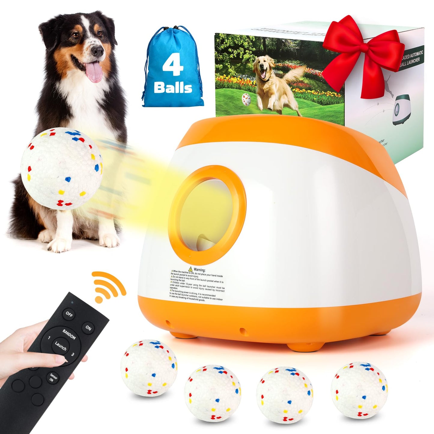 Automatic Ball Launcher for Dogs, Dog Ball Thrower with 40-60-80Ft Distance, Rechargeable Automatic Launcher with 4 Balls (2.5"), Remote Control Launcher for Medium & Large