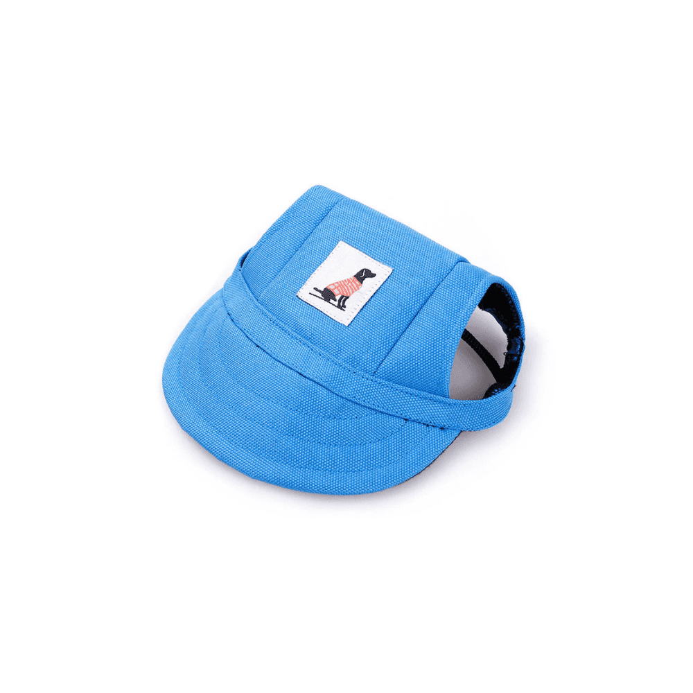 Blue Dog Sun cap with breathable fabric and chin strap, functional pet apparel for summer outings.