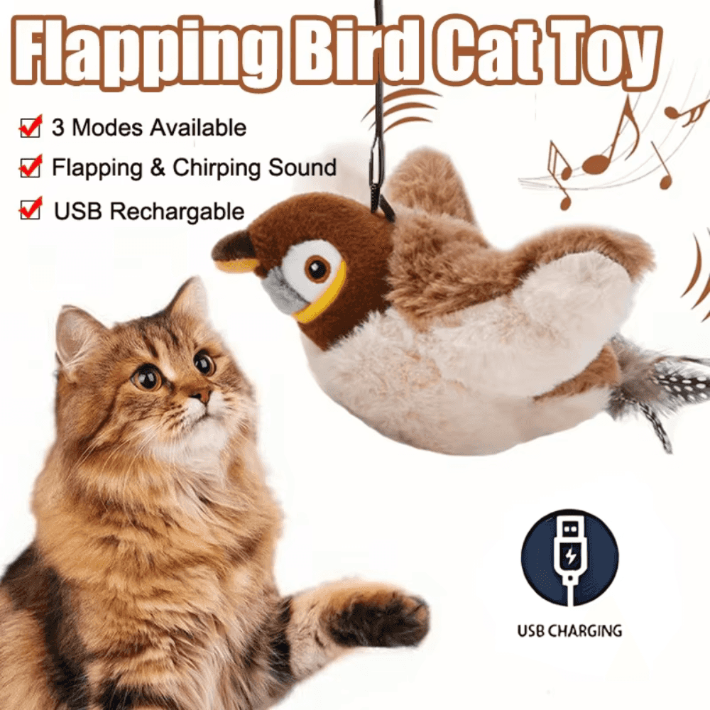 Flappy Bird Cat Toy - Realistic Flapping Wings & Chirping Sounds - USB Rechargeable Interactive Chase Toy with Catnip for Indoor Cats