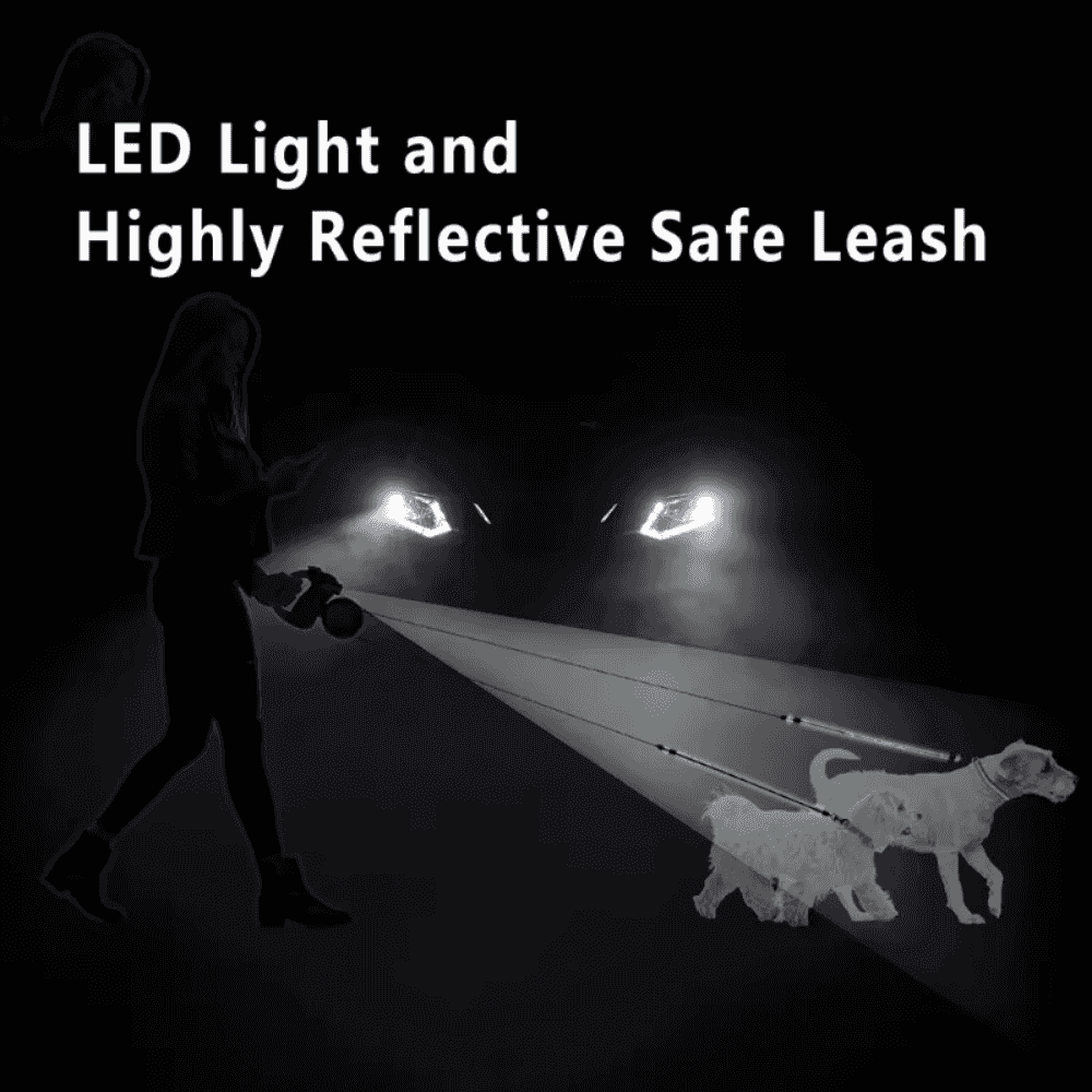 Dual Dog Leash with LED Light - Tangle-Free Swivel shown in use at night with reflective leash and LED light for safety.