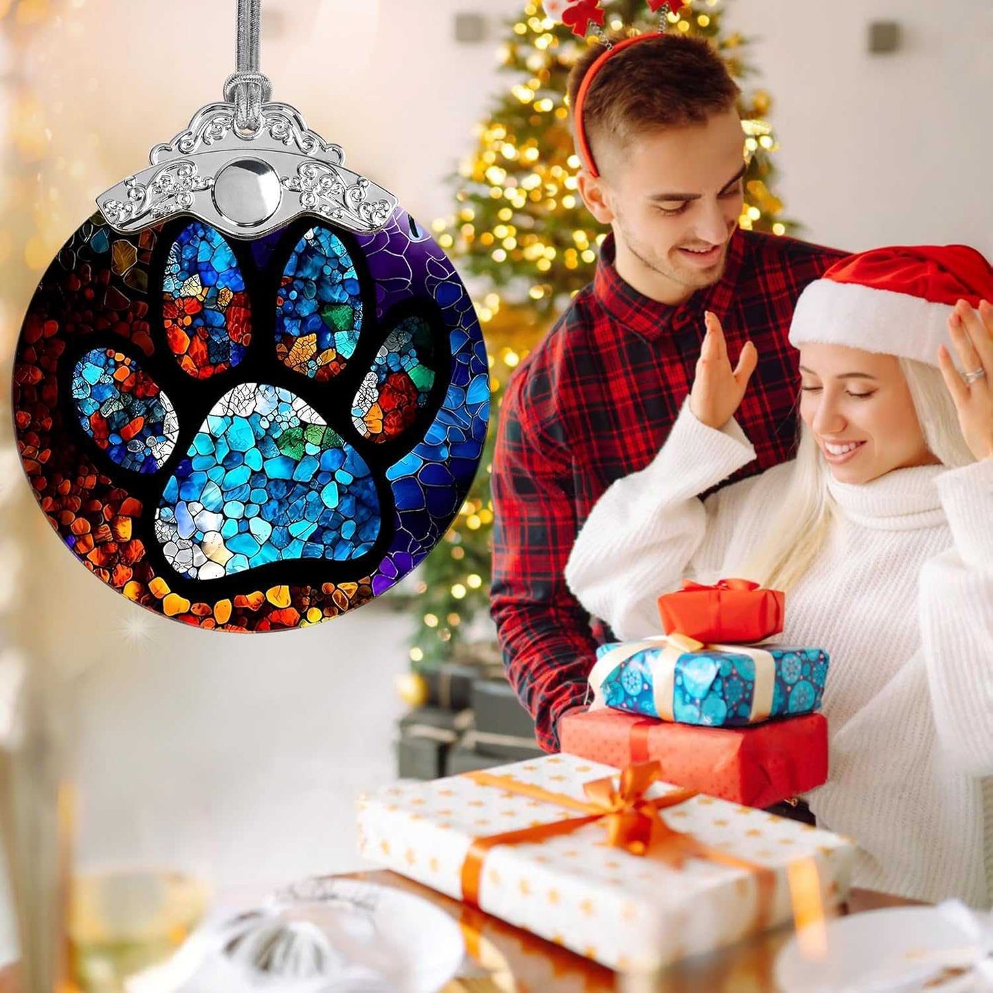 Stained Glass Christmas Ornaments, Jocidea Pet Ornaments for Christmas Tree, Christmas Tree Decor, Pet Lovers Gifts, Holiday Decor and Xmas Gifts Ideas