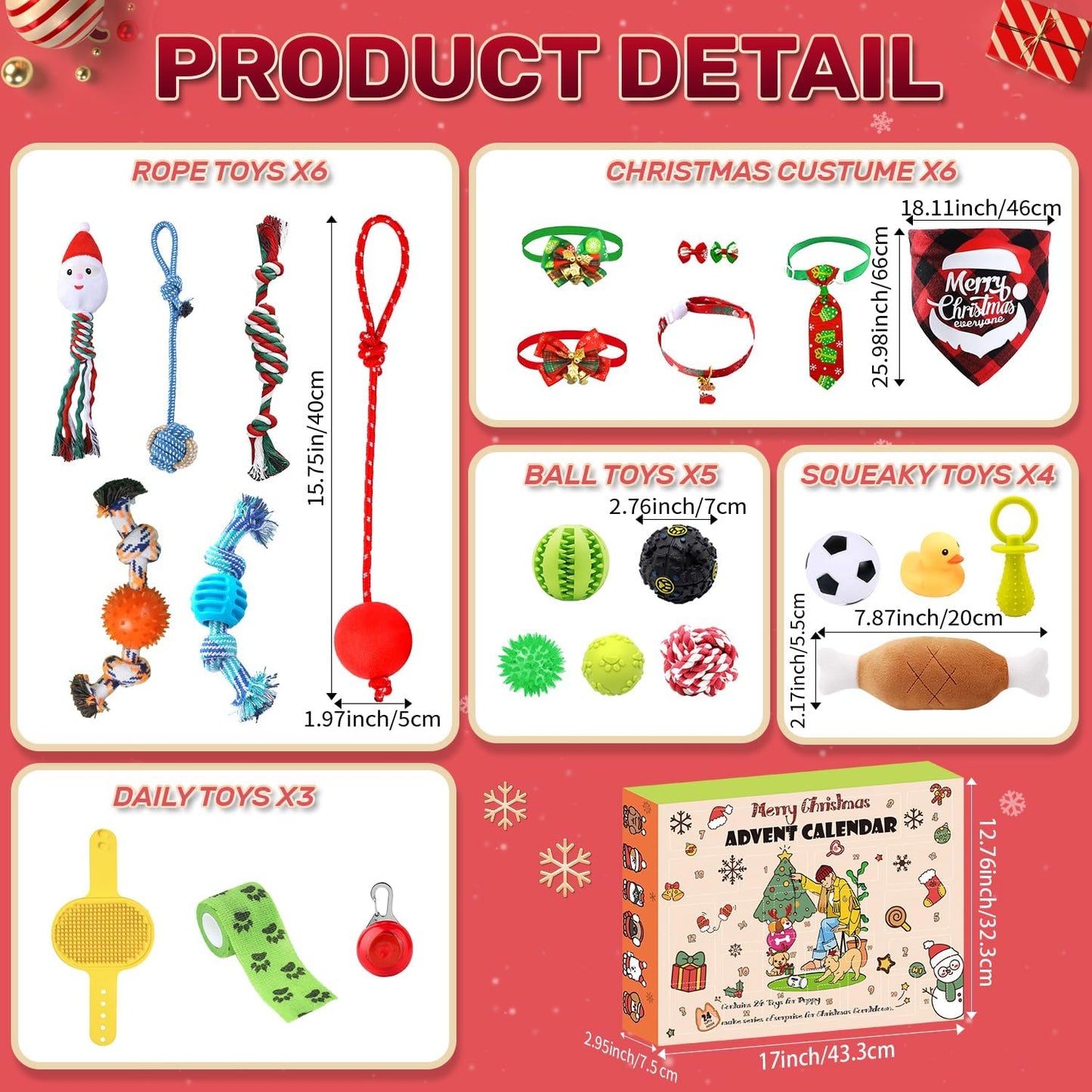 Dog Advent Calendar 2025, Christmas Dog Toys Chew Ropes Squeaky Balls Teething Toys Bow Tie Collars Bandana, 24 Set Christmas Countdown Calendar Gift for Dog Puppy