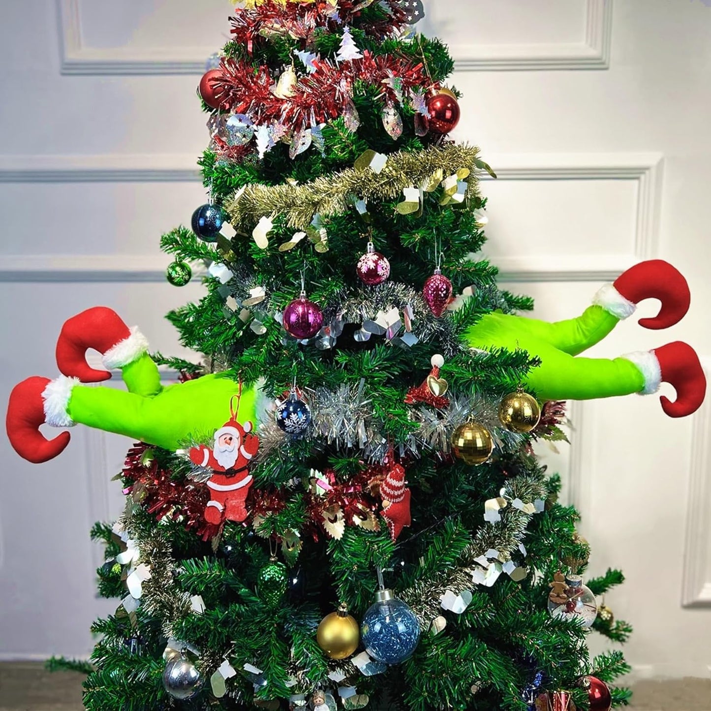 Christmas Elf Body Tree Decorations, 20.5 inche Green Monster on The Window, Pose-able Christmas Stuffed Leg for Christmas Tree Wall Door and Windows Ornament (20.5x9.2 inch, Legs with Suction Cups)