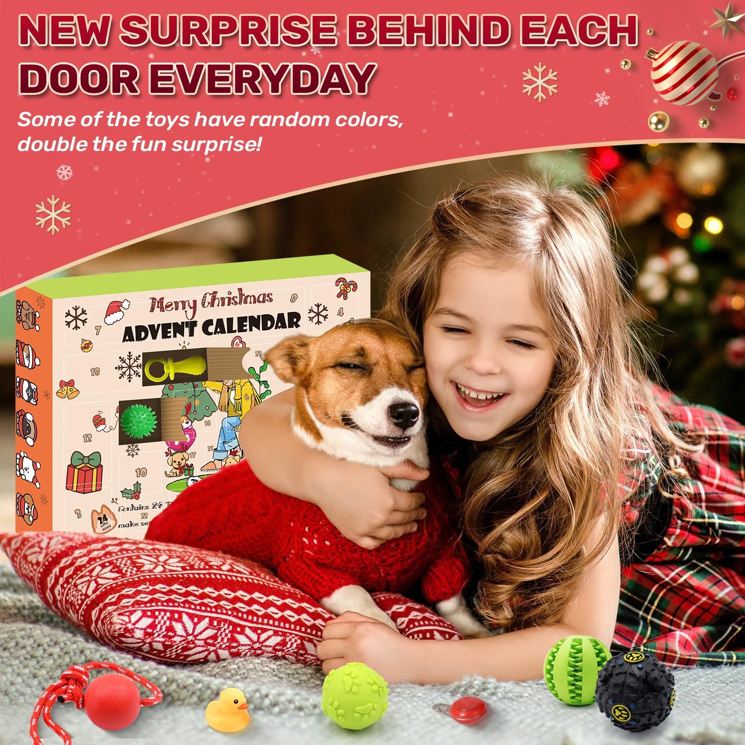 Dog Advent Calendar 2025, Christmas Dog Toys Chew Ropes Squeaky Balls Teething Toys Bow Tie Collars Bandana, 24 Set Christmas Countdown Calendar Gift for Dog Puppy