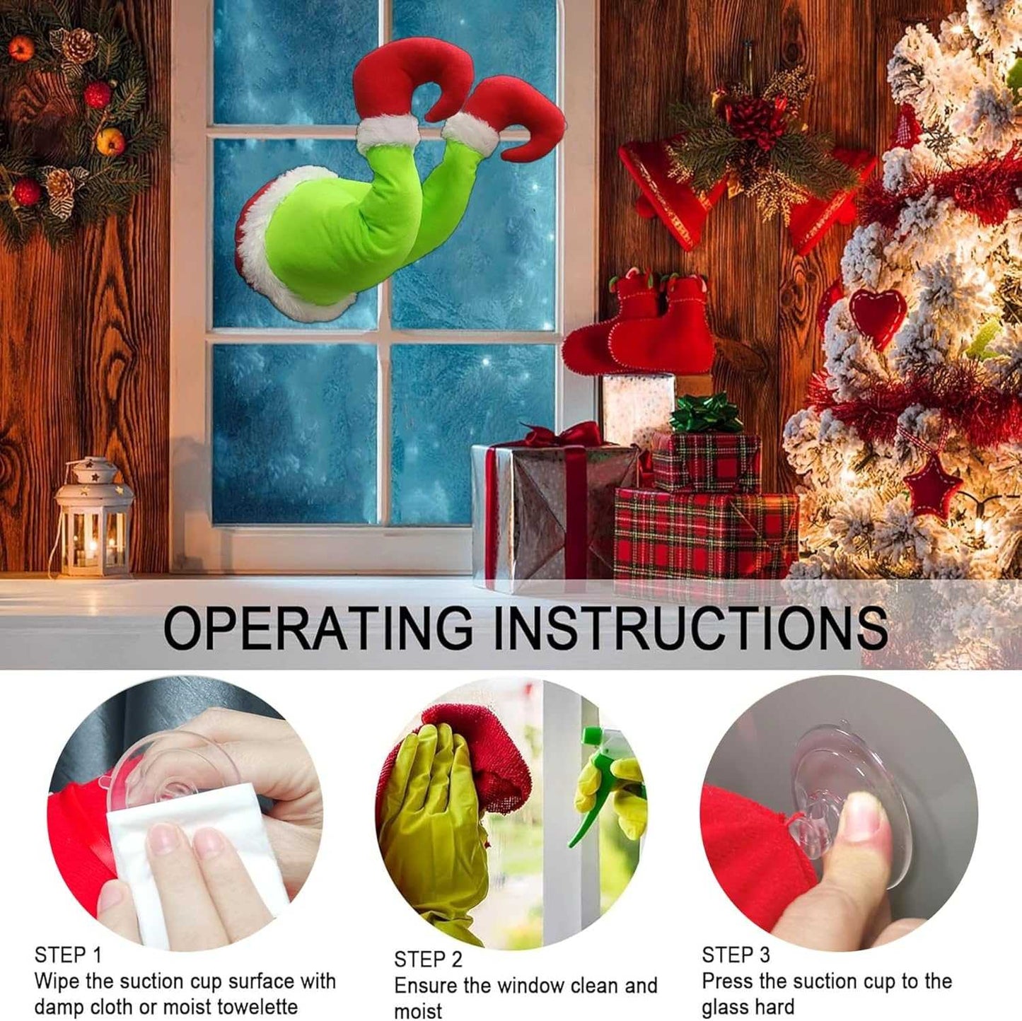 Christmas Elf Body Tree Decorations, 20.5 inche Green Monster on The Window, Pose-able Christmas Stuffed Leg for Christmas Tree Wall Door and Windows Ornament (20.5x9.2 inch, Legs with Suction Cups)