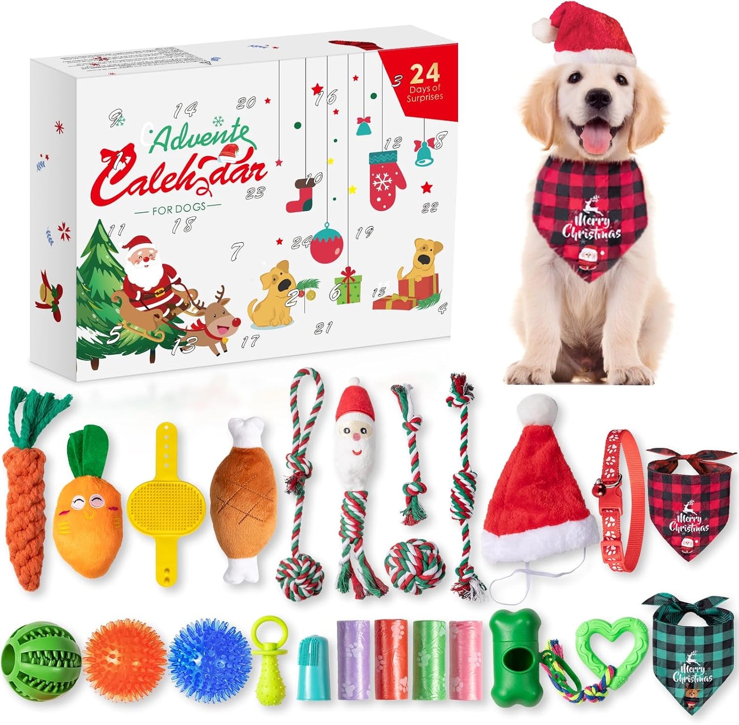 Advent Calendar 2025, Dog Advent Calendar 2025, 24 Days Dog Toy Christmas Countdown Calendar with Chew Ropes Toys Squeaky Balls Teething Toys Christmas Toy Gift for Xmas Small Large Dog Puppy Pet
