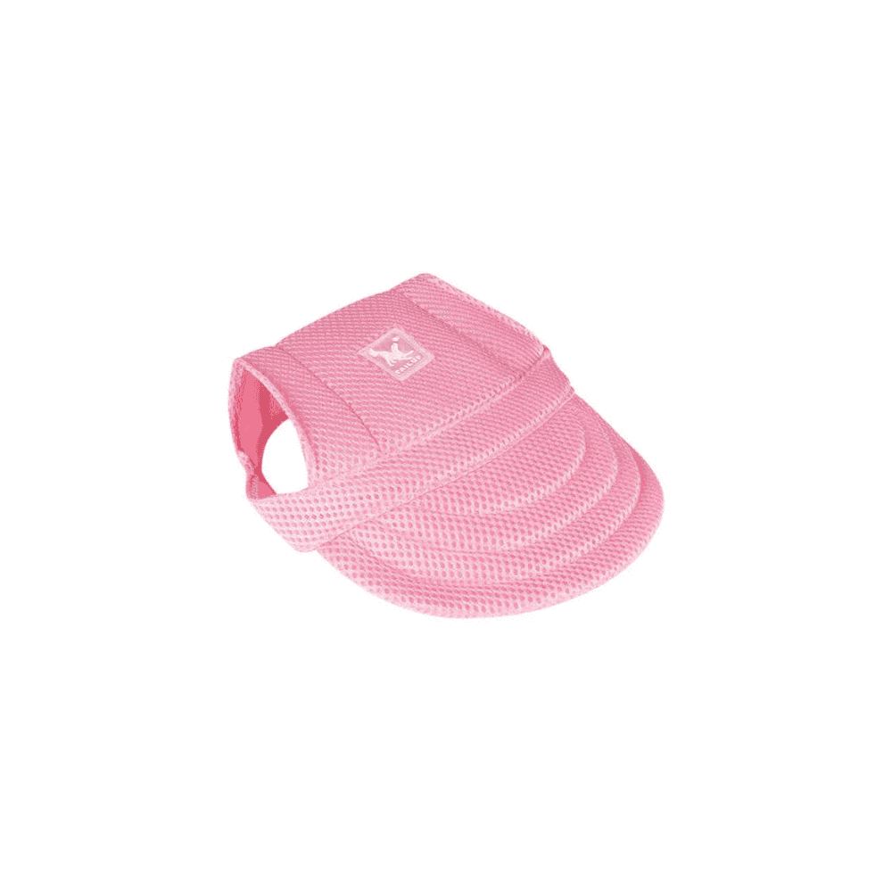 Pink Mesh Pet Sun Hat with curved brim and soft mesh fabric. Cute and functional pet headwear for sunny weather.